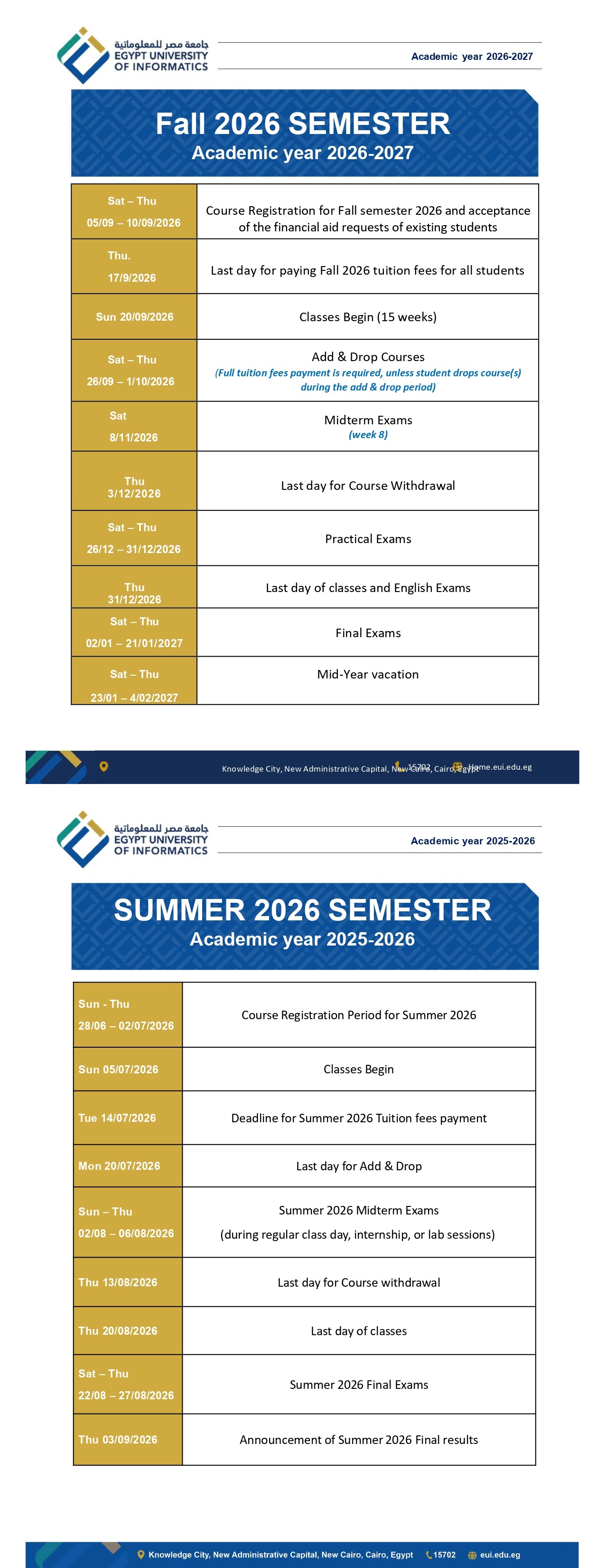 Academic Calendar EUI 